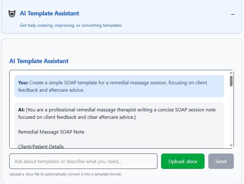 ConsultScribe template editor showing a completed SOAP consultation template